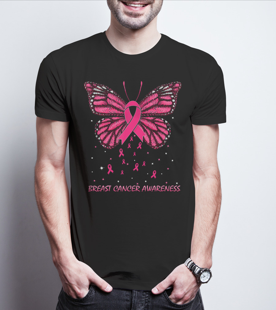Breast Cancer Awareness Butterfly Ribbon And Stars T-Shirt