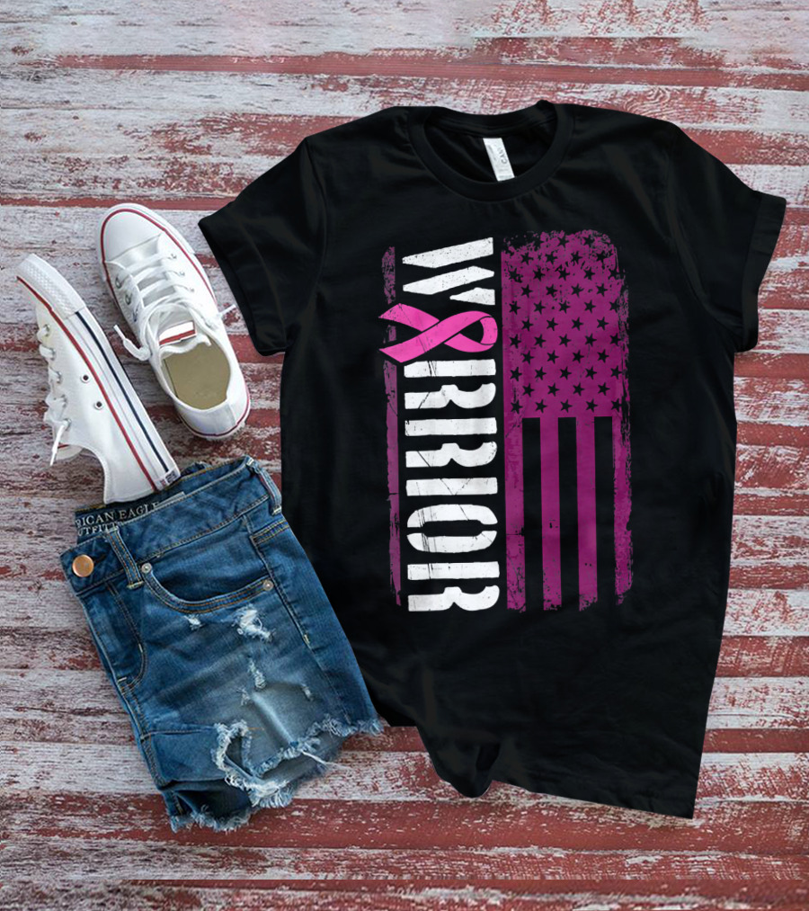 WARRIOR Breast Cancer Awareness Pink Ribbon American Flag T-Shirt