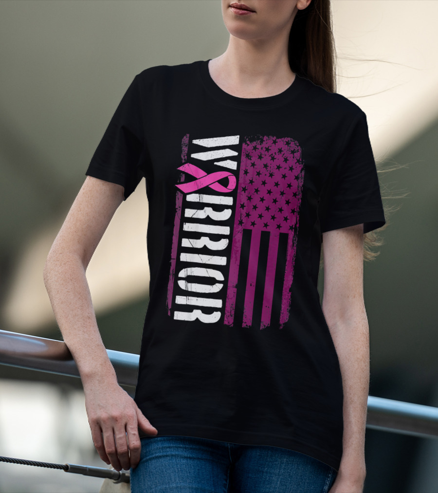 WARRIOR Breast Cancer Awareness Pink Ribbon American Flag T-Shirt