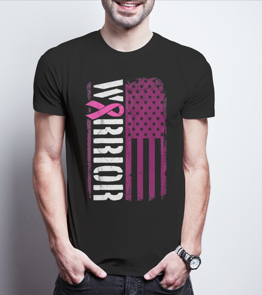 WARRIOR Breast Cancer Awareness Pink Ribbon American Flag T-Shirt