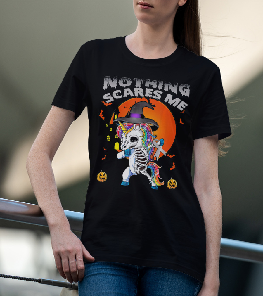 Nothing Scares Me Brain Cancer Dabbing Unicorn Skeleton T-Shirt