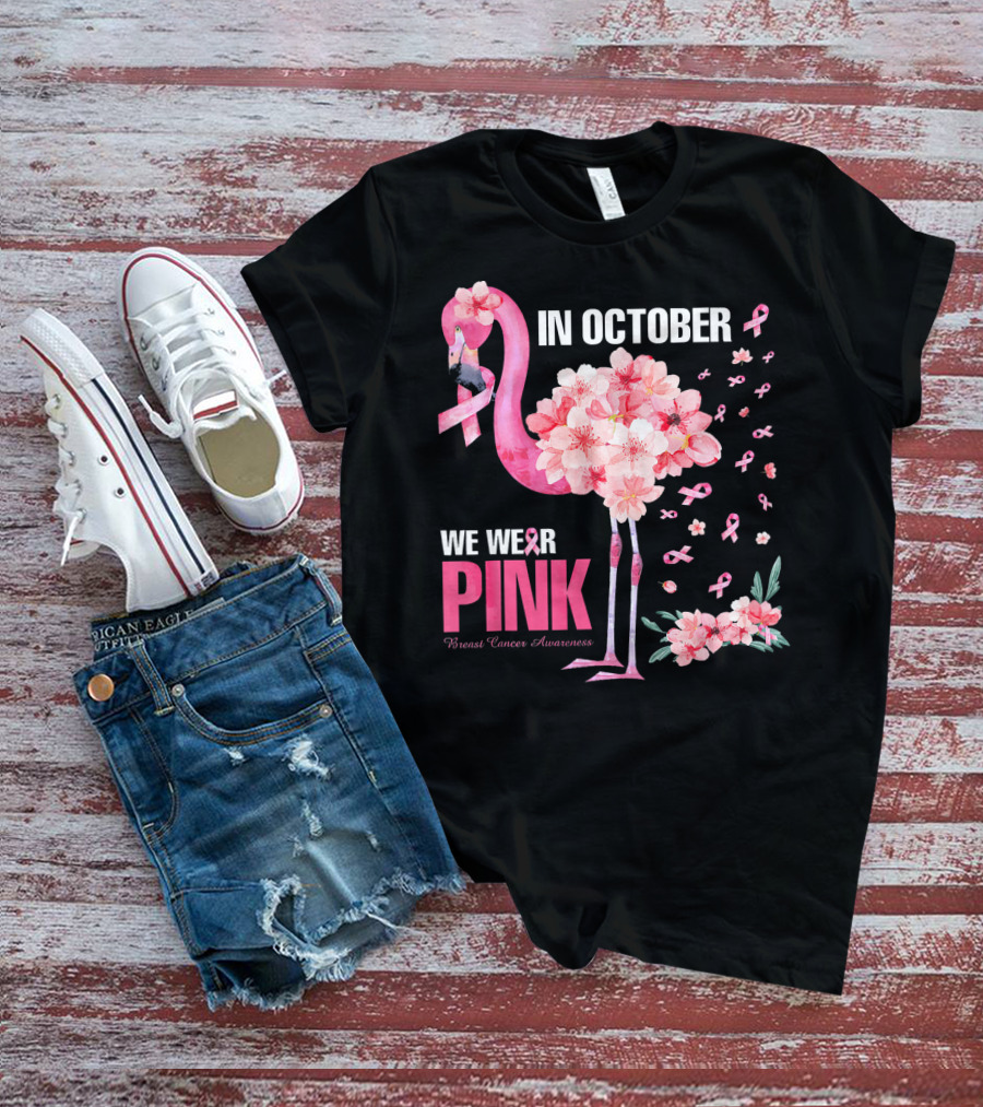 In October We Wear Pink Breast Cancer Awareness Flamingo Cherry Blossom T-Shirt