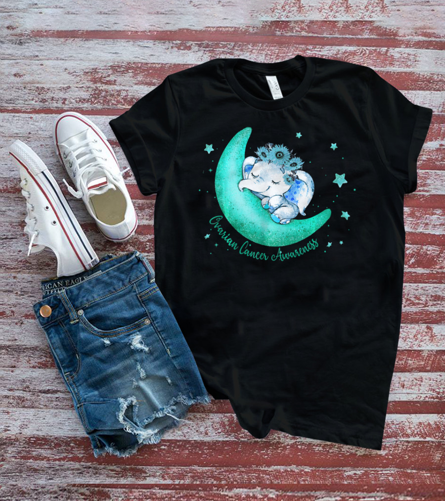 Ovarian Cancer Awareness Cute Elephant On The Moon T-Shirt