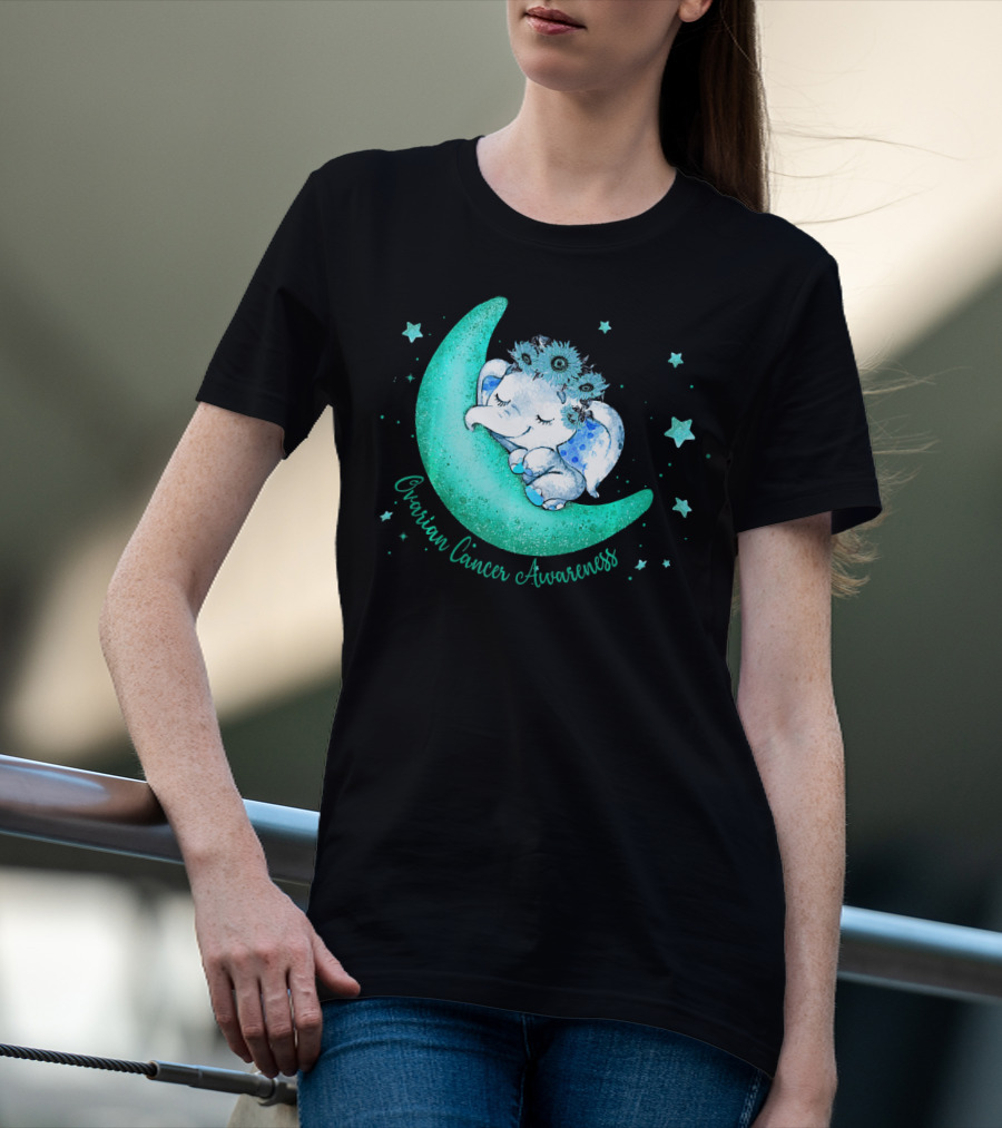 Ovarian Cancer Awareness Cute Elephant On The Moon T-Shirt