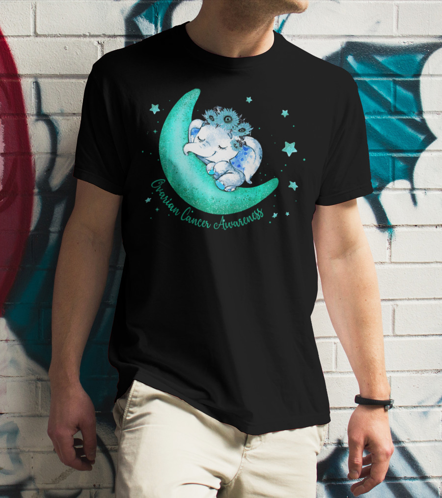 Ovarian Cancer Awareness Cute Elephant On The Moon T-Shirt
