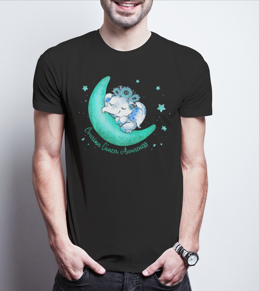 Ovarian Cancer Awareness Cute Elephant On The Moon T-Shirt
