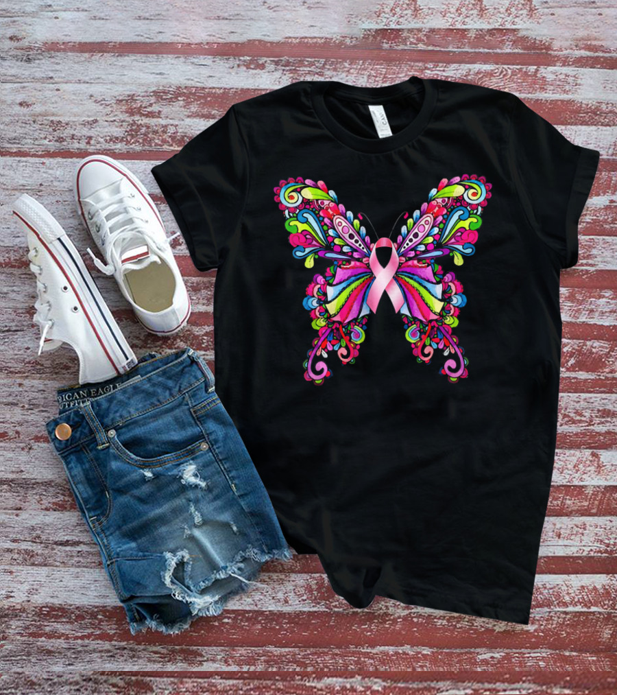 Colorful Hippie Butterfly Breast Cancer Awareness T-Shirt