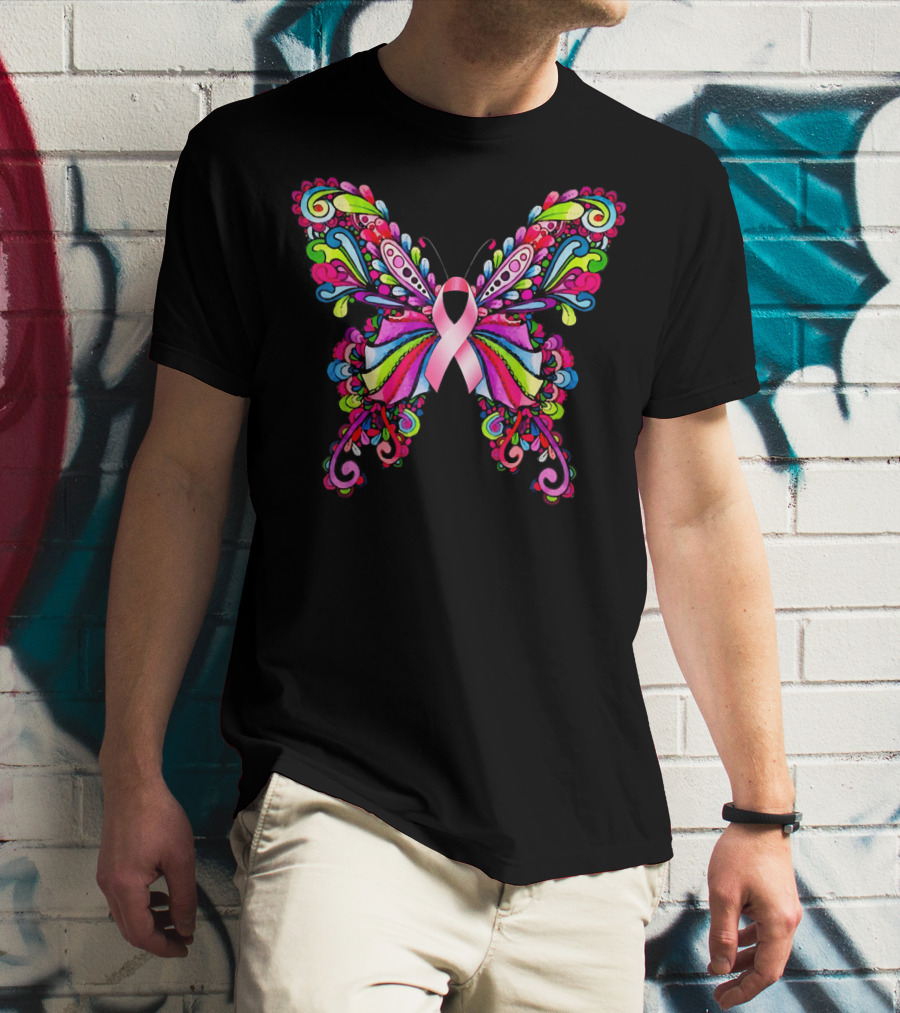 Colorful Hippie Butterfly Breast Cancer Awareness T-Shirt