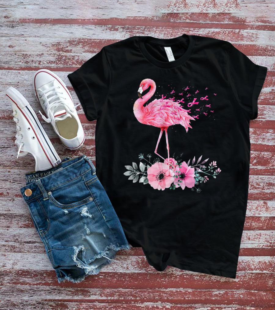 Flamingo Hope Breast Cancer Awareness Flower T-Shirt