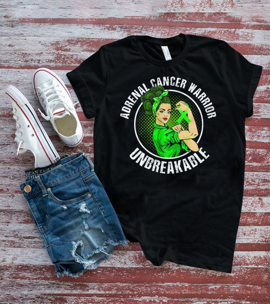 Adrenal Cancer Warrior Unbreakable Rosie The Riveter Green T-Shirt