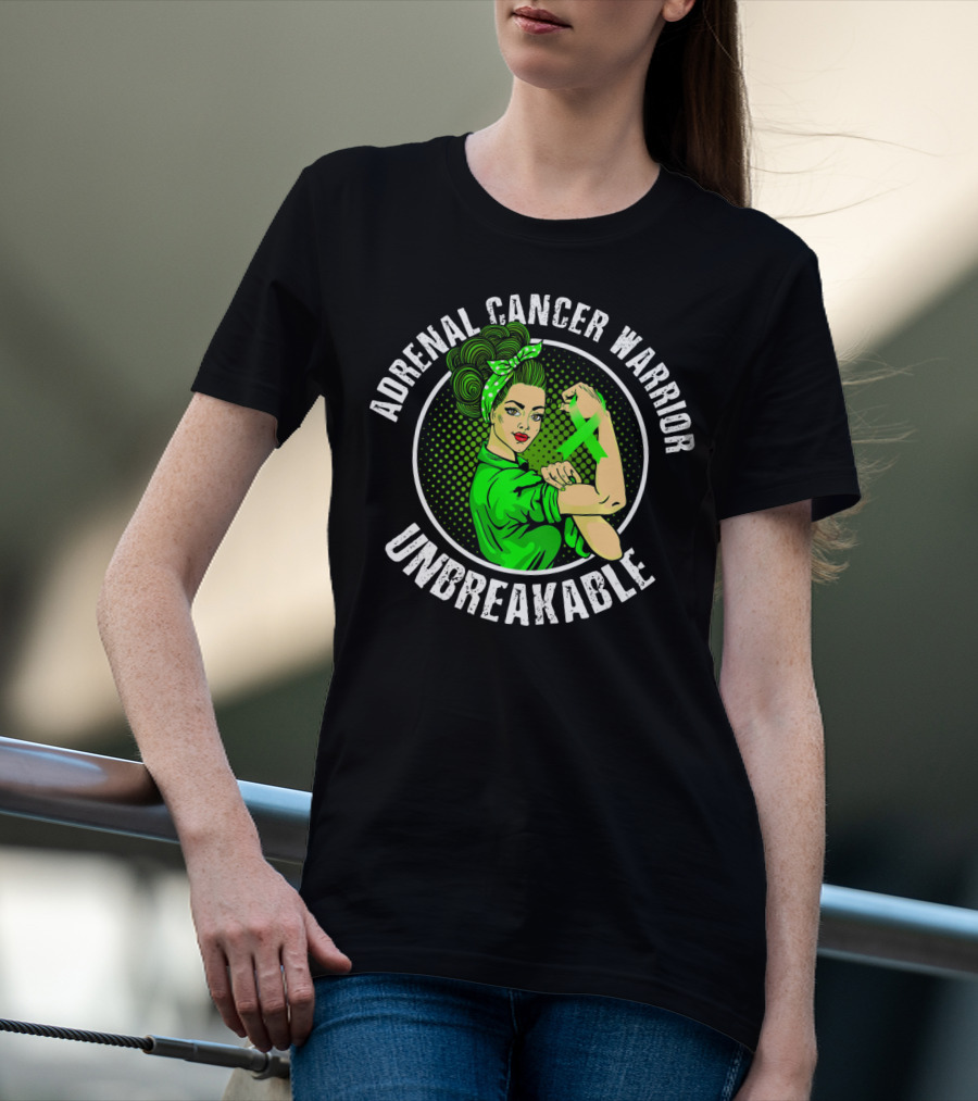 Adrenal Cancer Warrior Unbreakable Rosie The Riveter Green T-Shirt