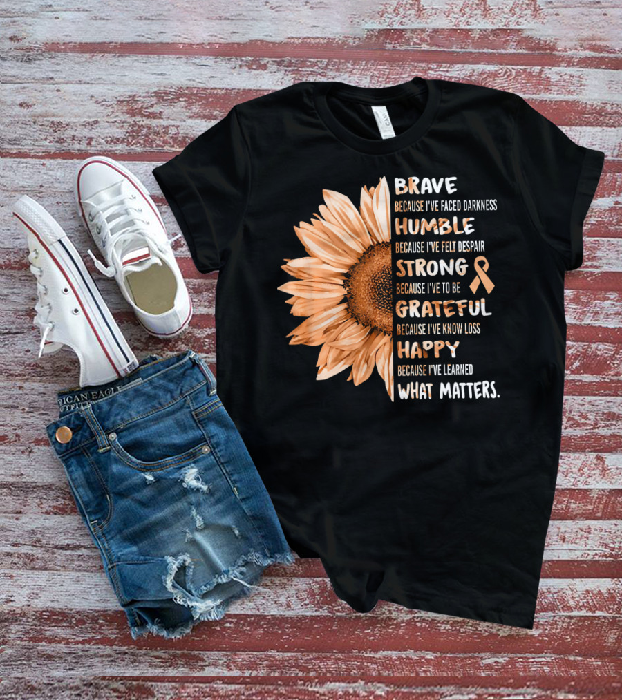 Brave Humble Strong Grateful Happy Sunflower Peach Ribbon Uterine Cancer T-Shirt