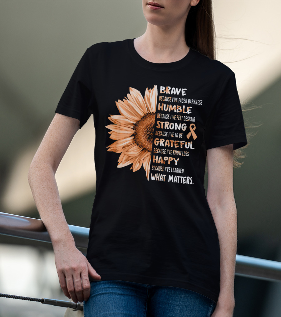 Brave Humble Strong Grateful Happy Sunflower Peach Ribbon Uterine Cancer T-Shirt
