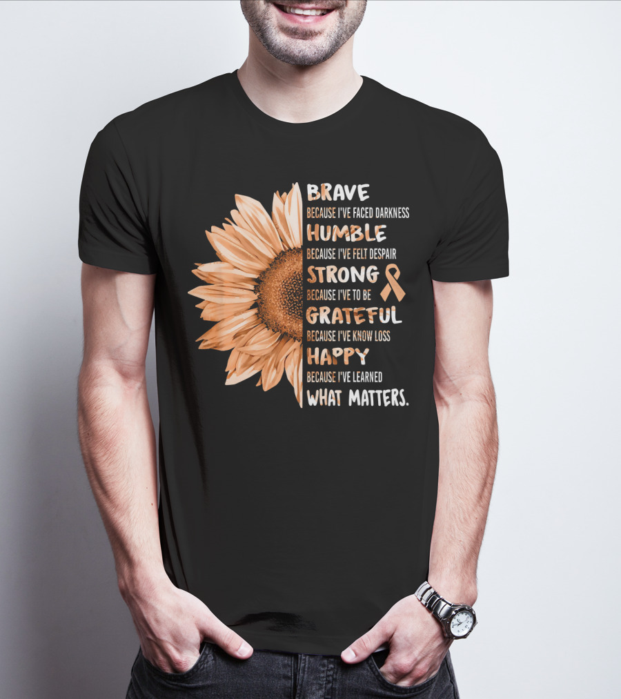 Brave Humble Strong Grateful Happy Sunflower Peach Ribbon Uterine Cancer T-Shirt