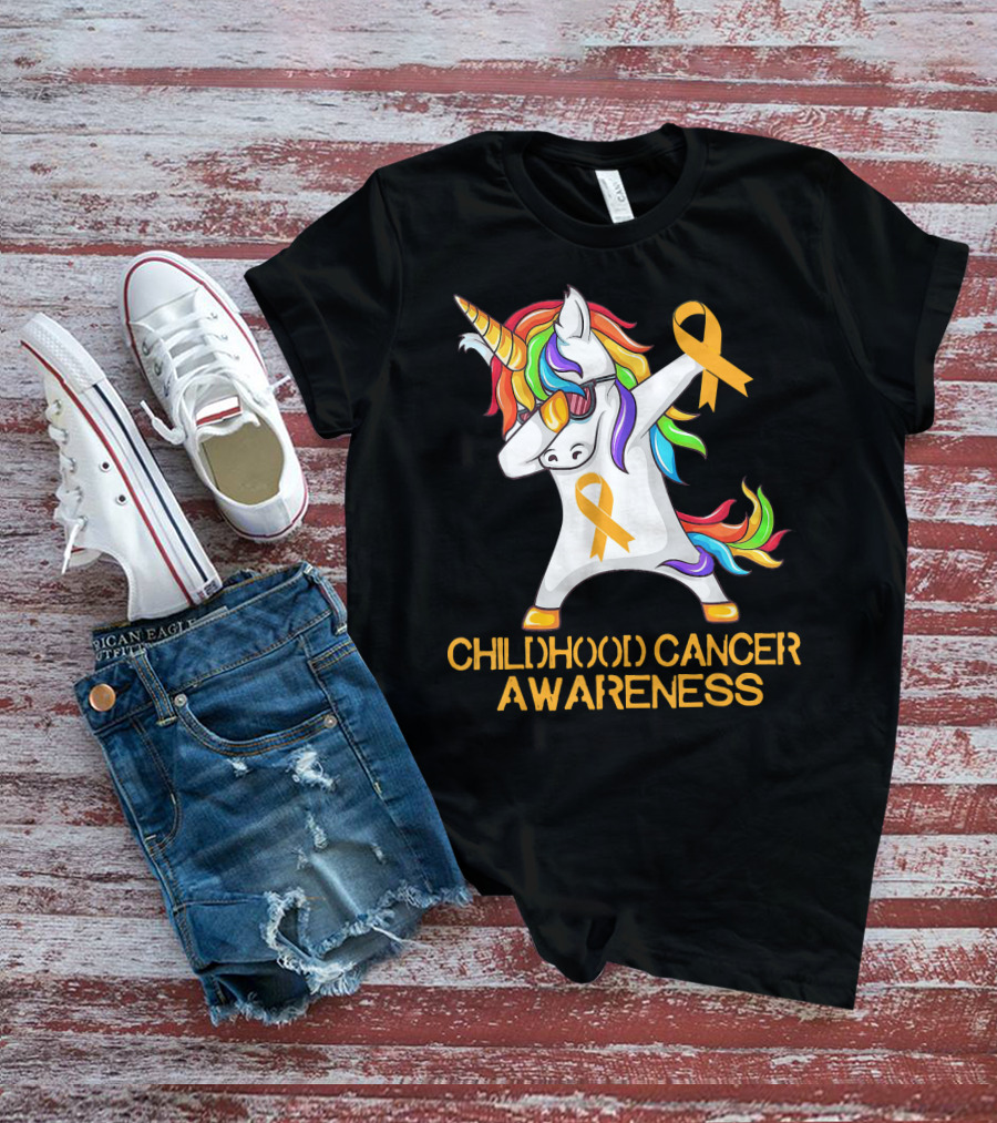 Childhood Cancer Awareness Dabbing Unicorn With Yellow T-Shirt