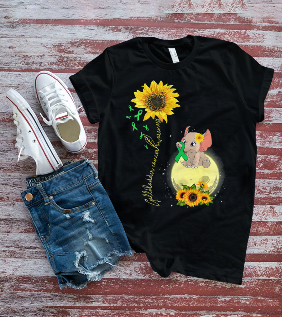 Gallbladder Cancer Awareness Elephant With Sunflowers And Green T-Shirt