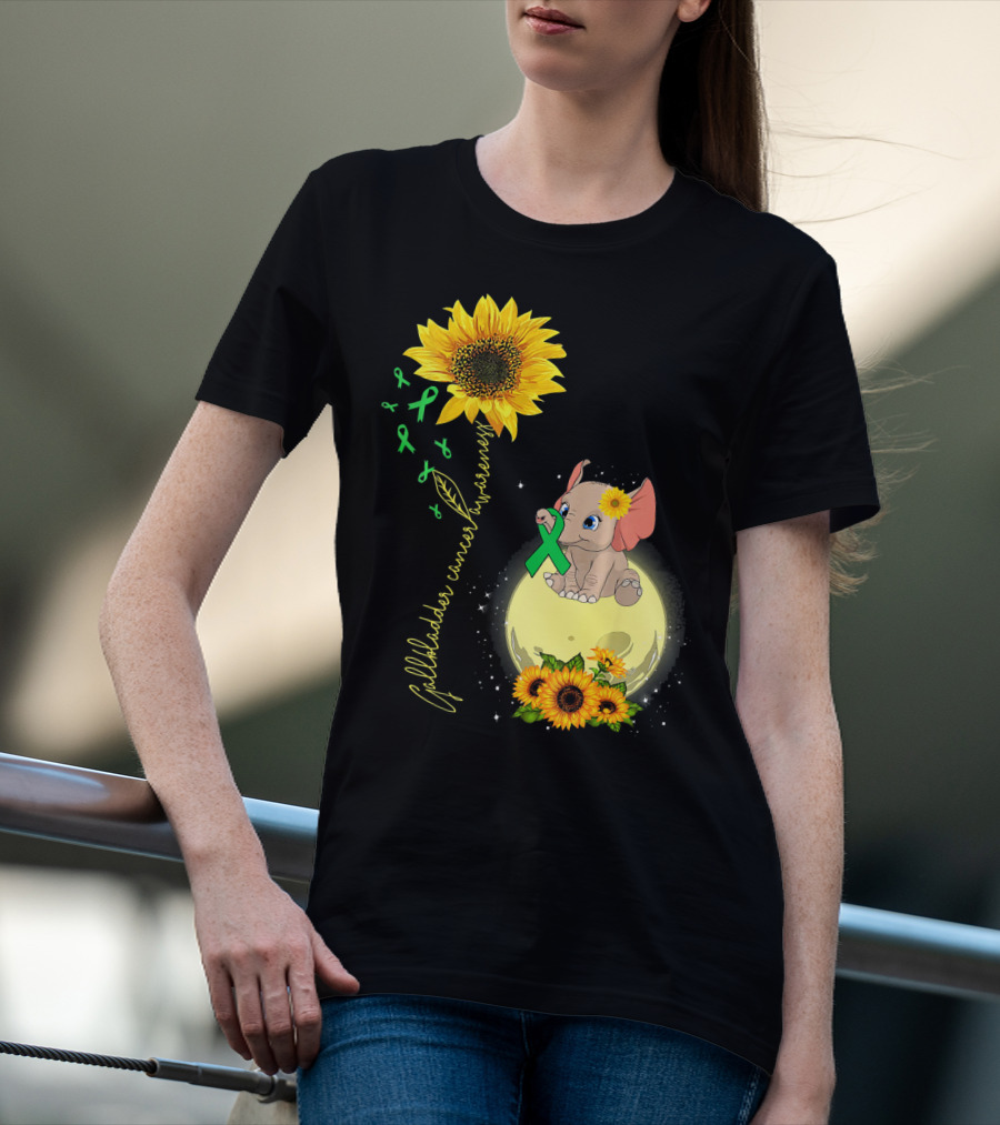 Gallbladder Cancer Awareness Elephant With Sunflowers And Green T-Shirt
