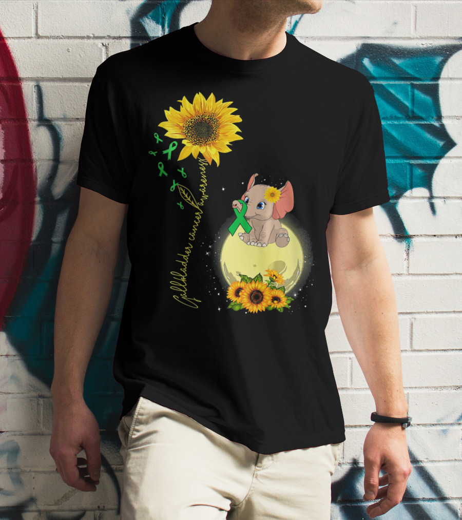 Gallbladder Cancer Awareness Elephant With Sunflowers And Green T-Shirt