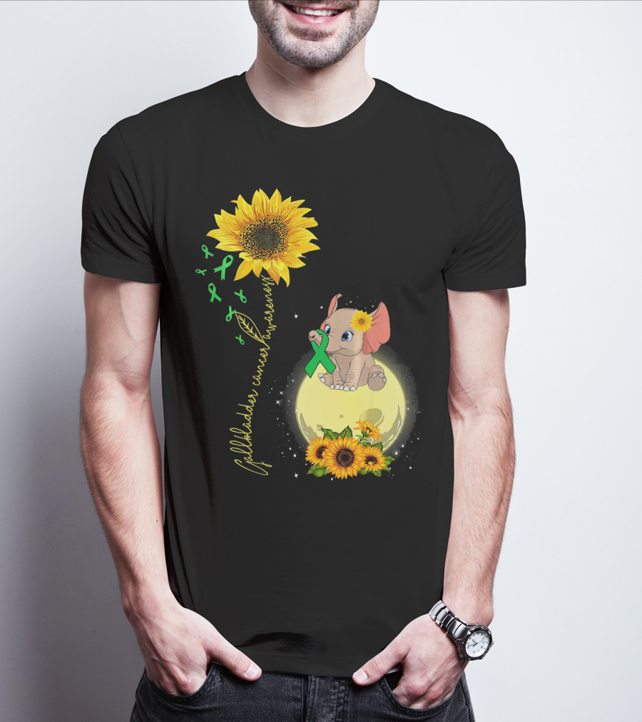 Gallbladder Cancer Awareness Elephant With Sunflowers And Green T-Shirt