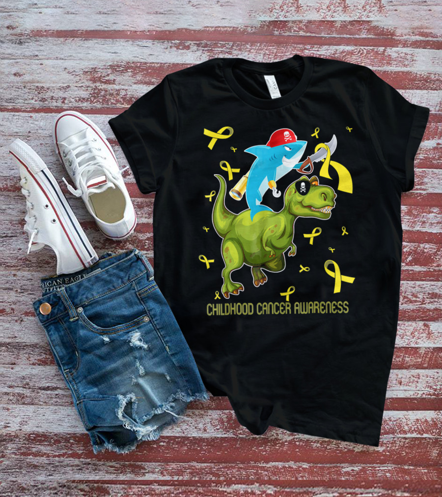 Childhood Cancer Awareness Shark And Dinosaur With Yellow Ribbons T-Shirt
