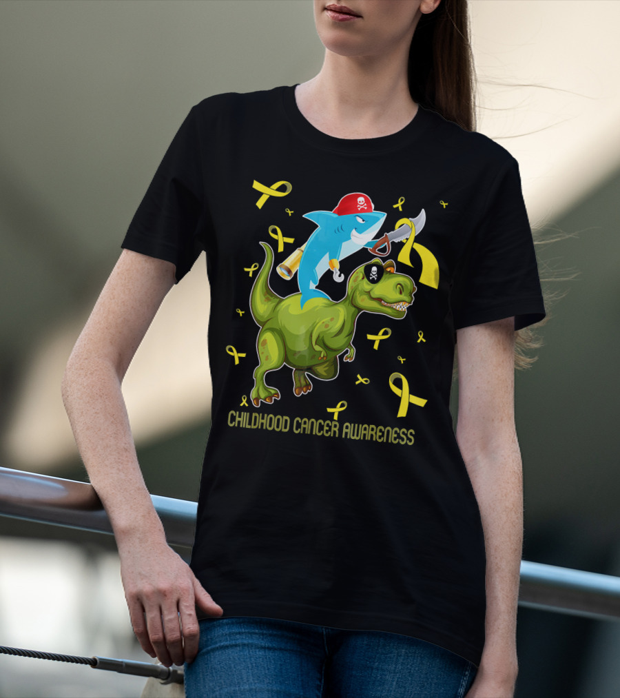 Childhood Cancer Awareness Shark And Dinosaur With Yellow Ribbons T-Shirt