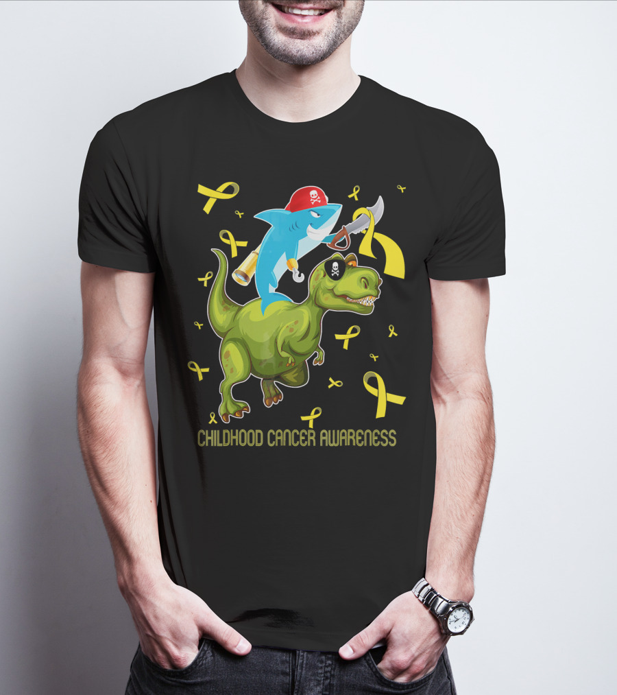 Childhood Cancer Awareness Shark And Dinosaur With Yellow Ribbons T-Shirt