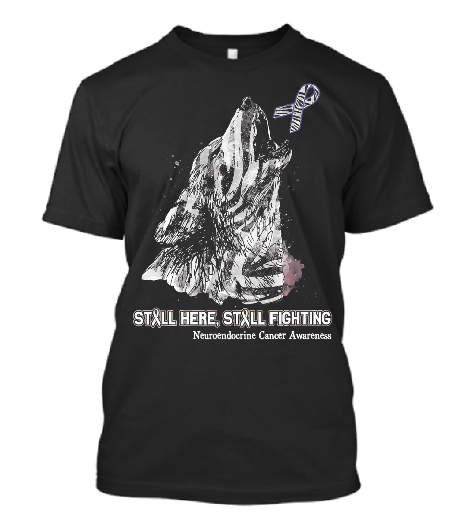 Still Here Still Fighting Neuroendocrine Cancer Awareness Ribbon Wolf T-Shirt