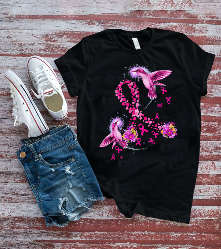 Hummingbird Heart Pink Ribbon Breast Cancer Awareness Flowers T-Shirt
