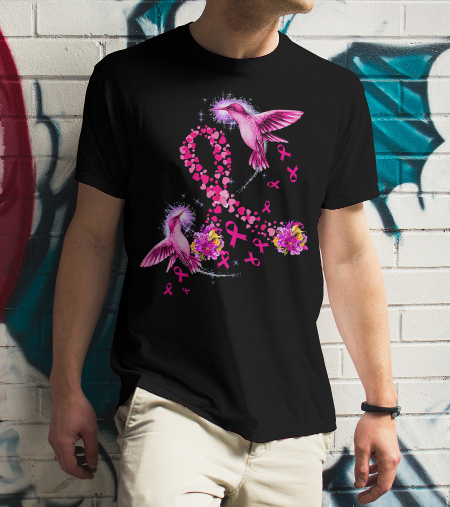 Hummingbird Heart Pink Ribbon Breast Cancer Awareness Flowers T-Shirt