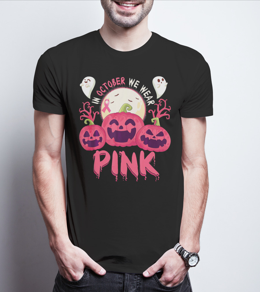 In October We Wear Pink Pumpkin With Ghosts And Moon T-Shirt