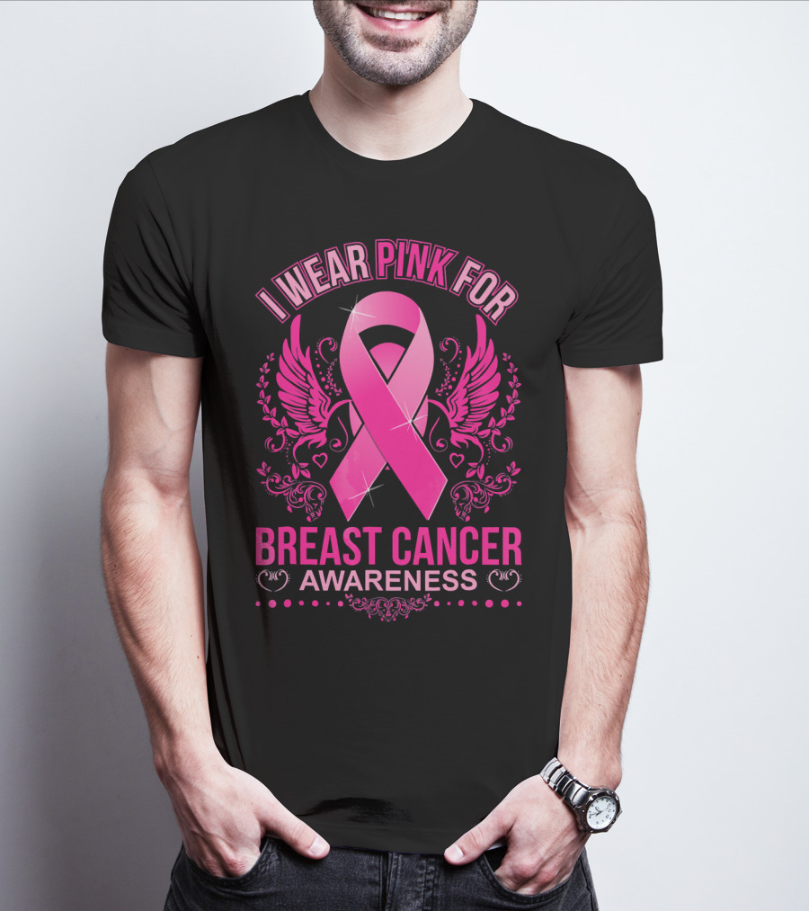 I Wear Pink For Breast Cancer Awareness Ribbon And Wings T-Shirt