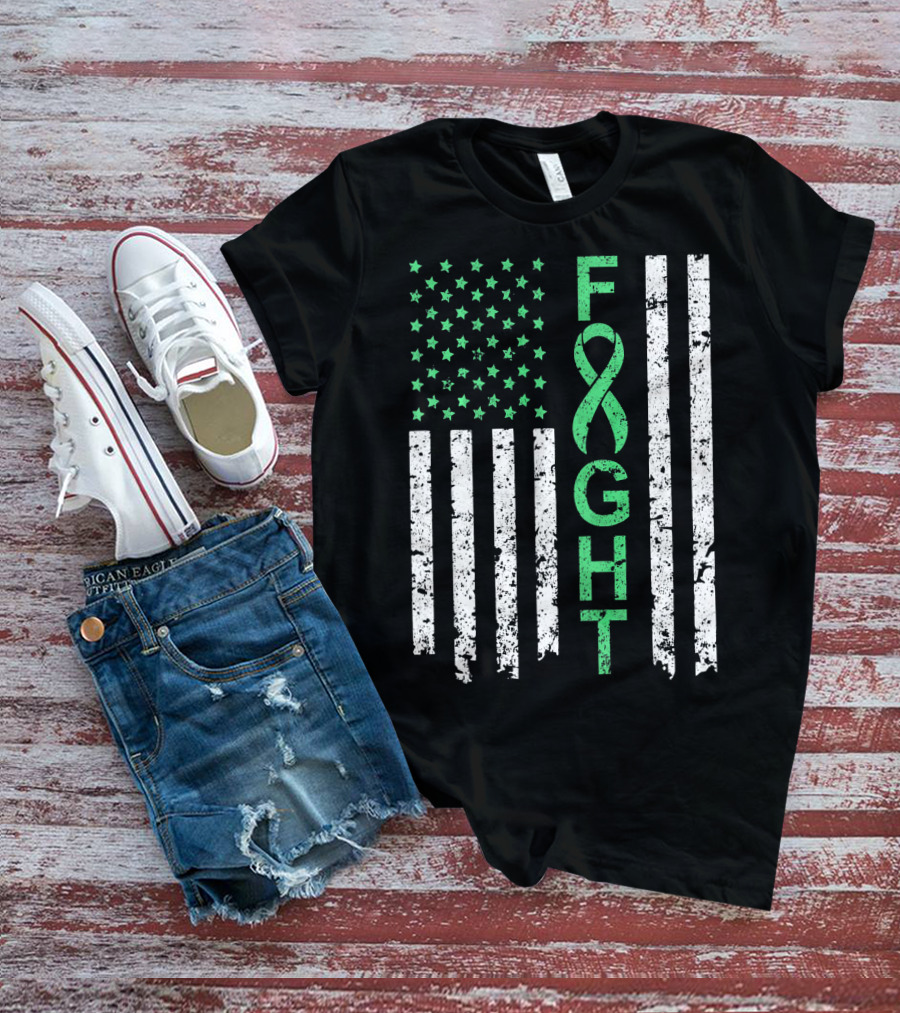 Liver Cancer Awareness Green Ribbon Fight American Flag T-Shirt
