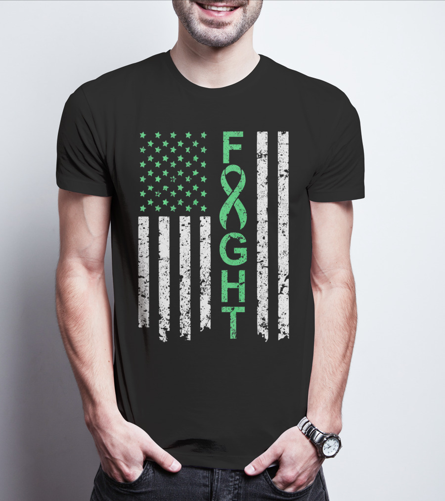Liver Cancer Awareness Green Ribbon Fight American Flag T-Shirt
