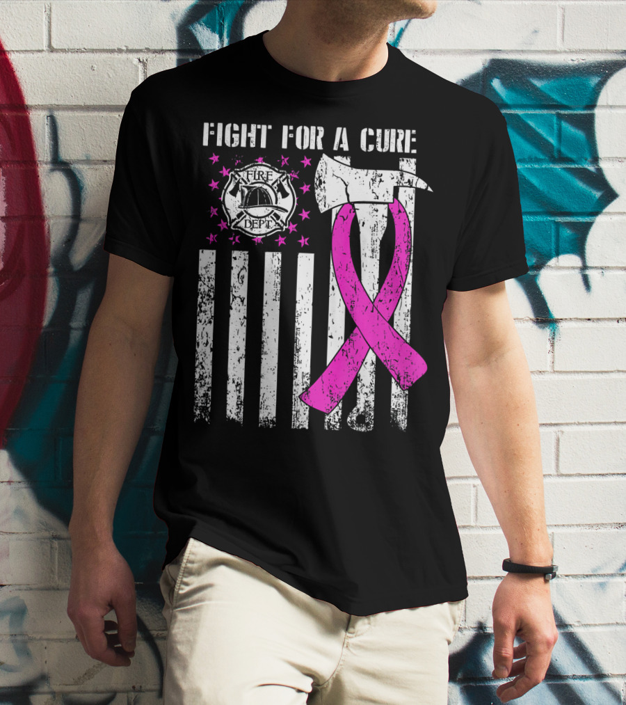 Fight For A Cure Fire Dept Pink Ribbon Axe Flag T-Shirt