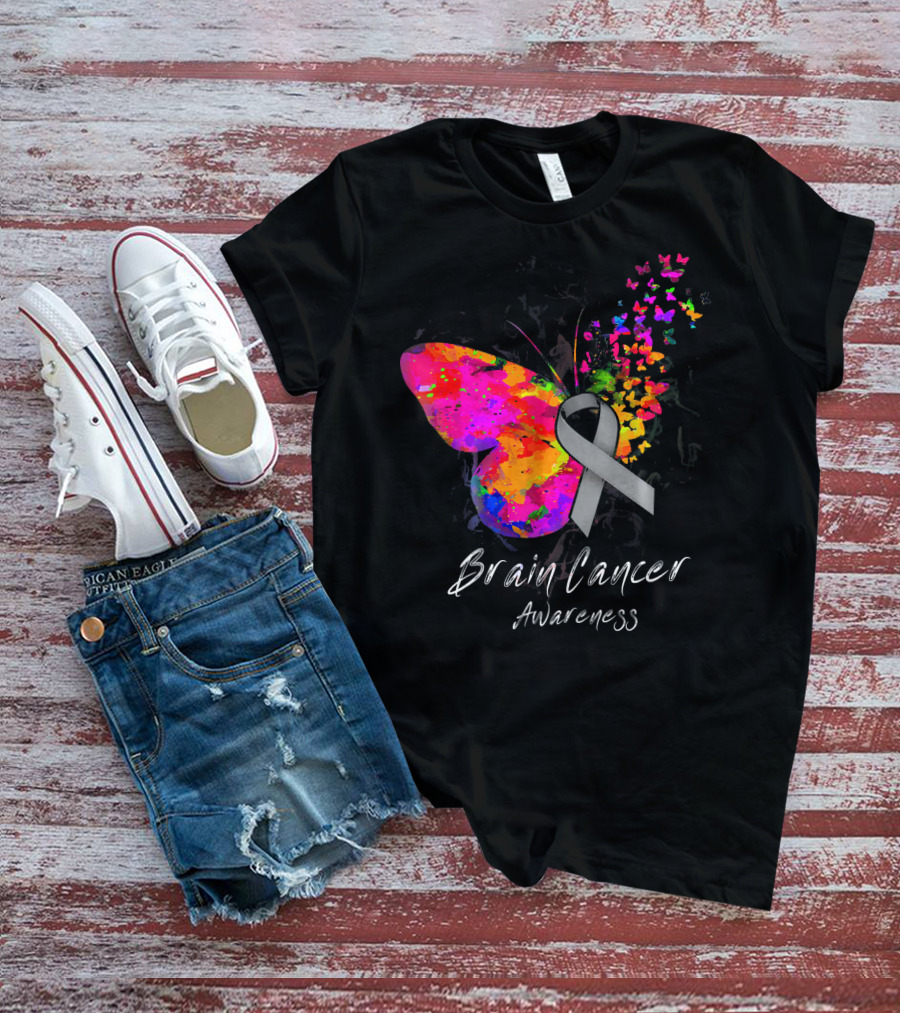 Brain Cancer Awareness Butterfly With Gray Ribbon And Colorful Wing Motif T-Shirt