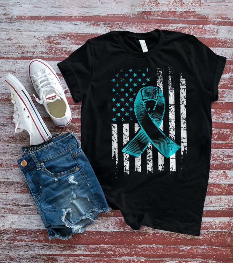 Fighting Flag Ovarian Cancer Awareness With Teal Ribbon And American T-Shirt