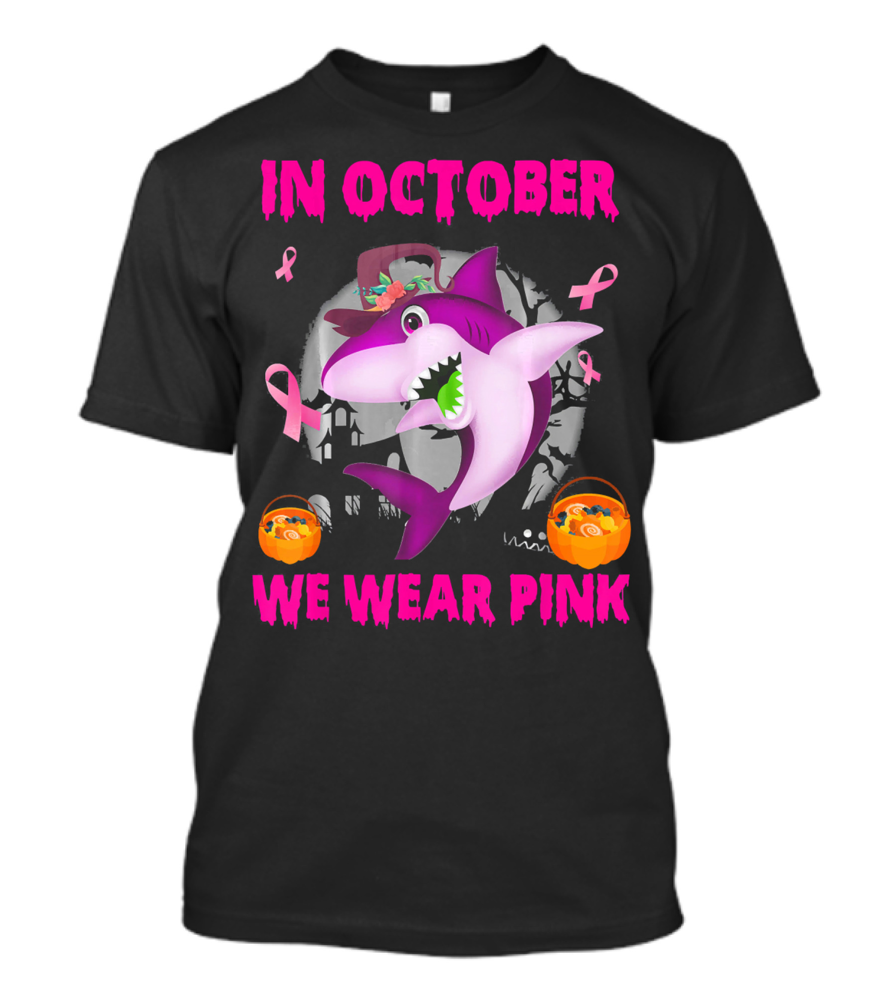In October We Wear Pink Sharks Ribbon Halloween T-Shirt
