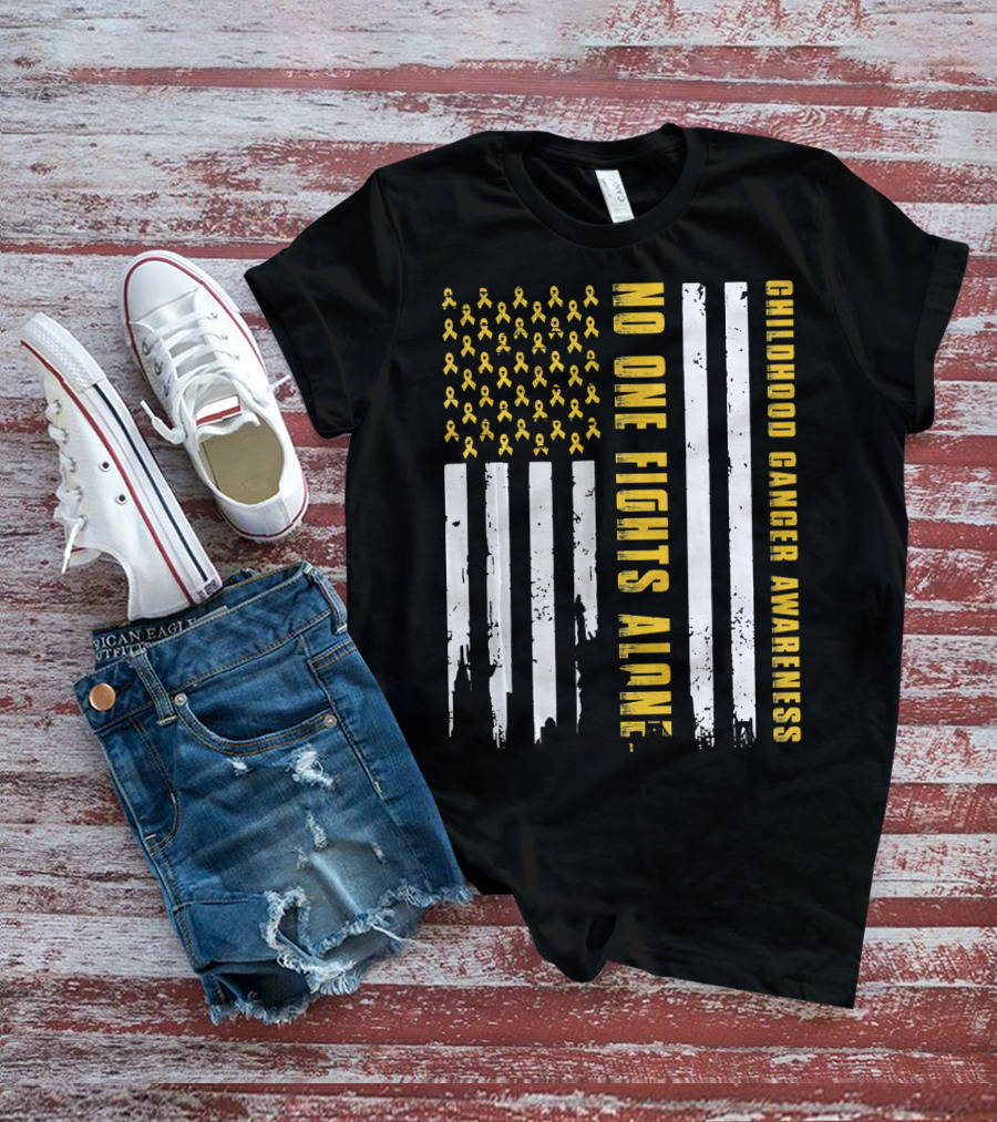No One Fights Alone USA Flag Childhood Cancer Awareness T-Shirt