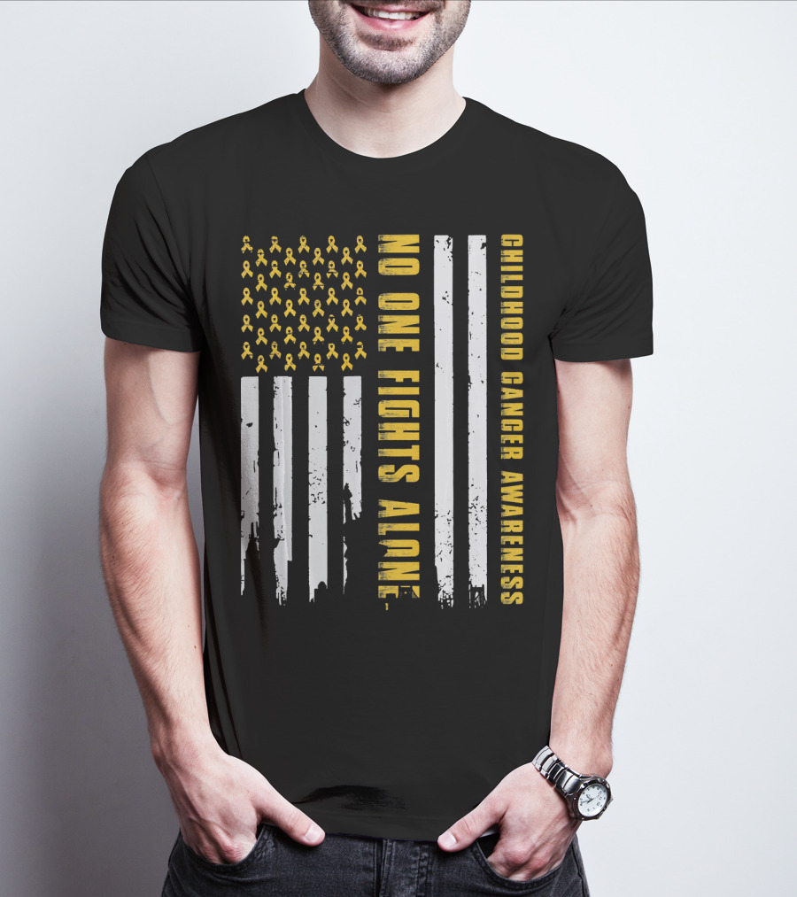 No One Fights Alone USA Flag Childhood Cancer Awareness T-Shirt