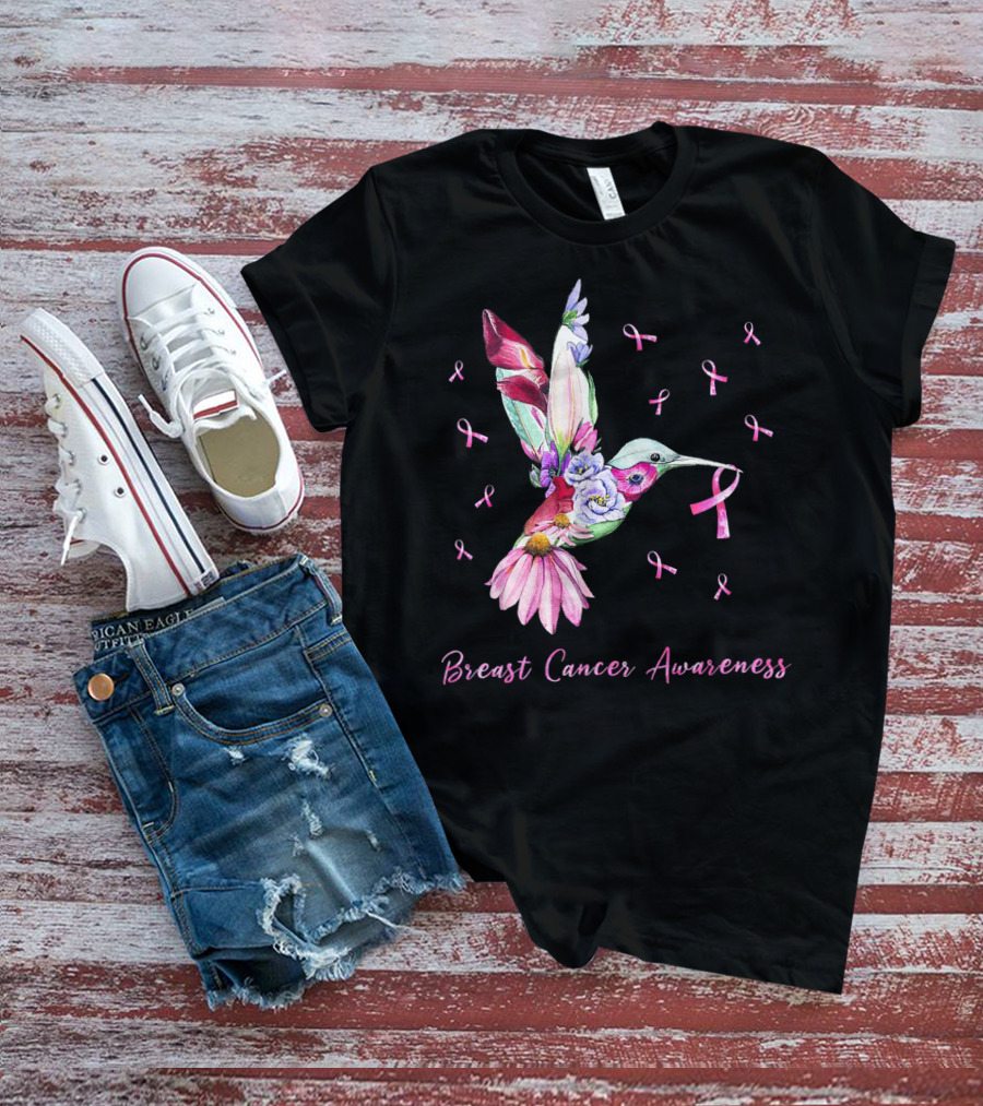 Breast Cancer Awareness Pink Ribbon Flower Hummingbird T-Shirt