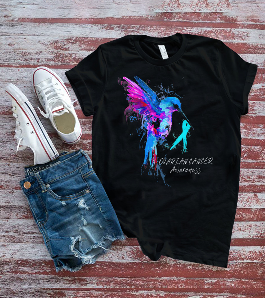 OVARIAN CANCER Awareness Hummingbird With Teal T-Shirt
