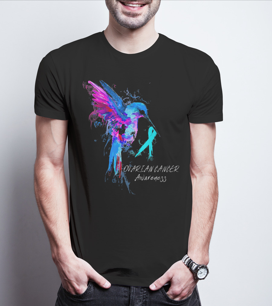 OVARIAN CANCER Awareness Hummingbird With Teal T-Shirt