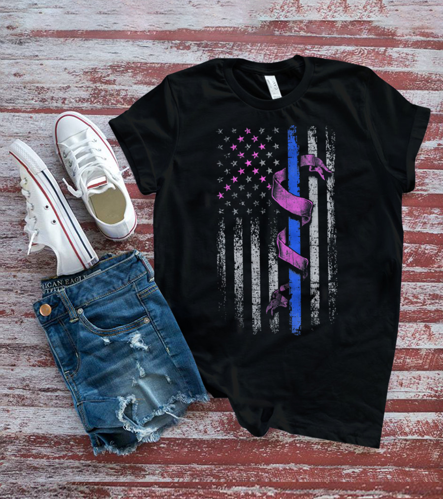 Thin Blue Line Pink Ribbon American Flag Breast Cancer Awareness T-Shirt