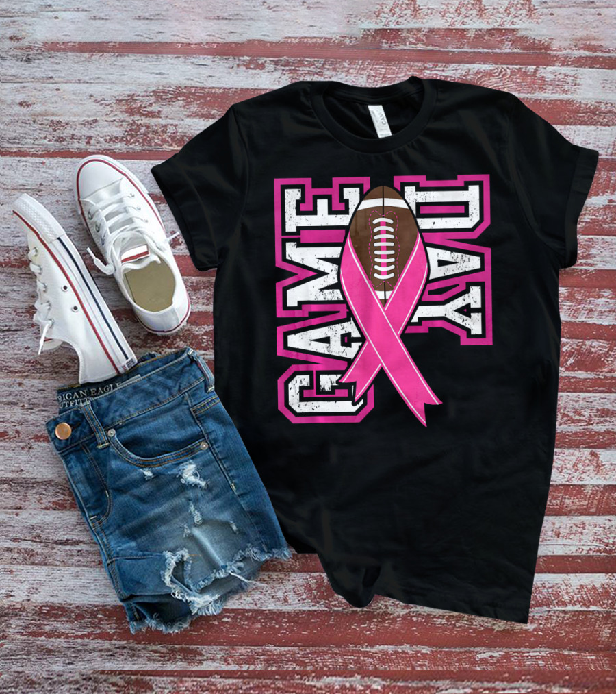 Game Day Breast Cancer Awareness Pink Ribbon Football T-Shirt
