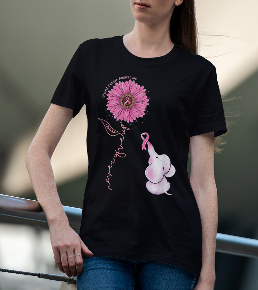 Breast Cancer Awareness Never Give Up Pink Ribbon Sunflower Elephant T-Shirt