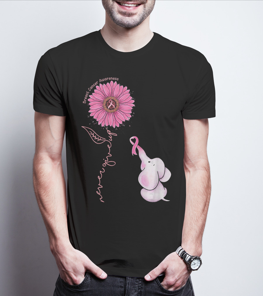 Breast Cancer Awareness Never Give Up Pink Ribbon Sunflower Elephant T-Shirt