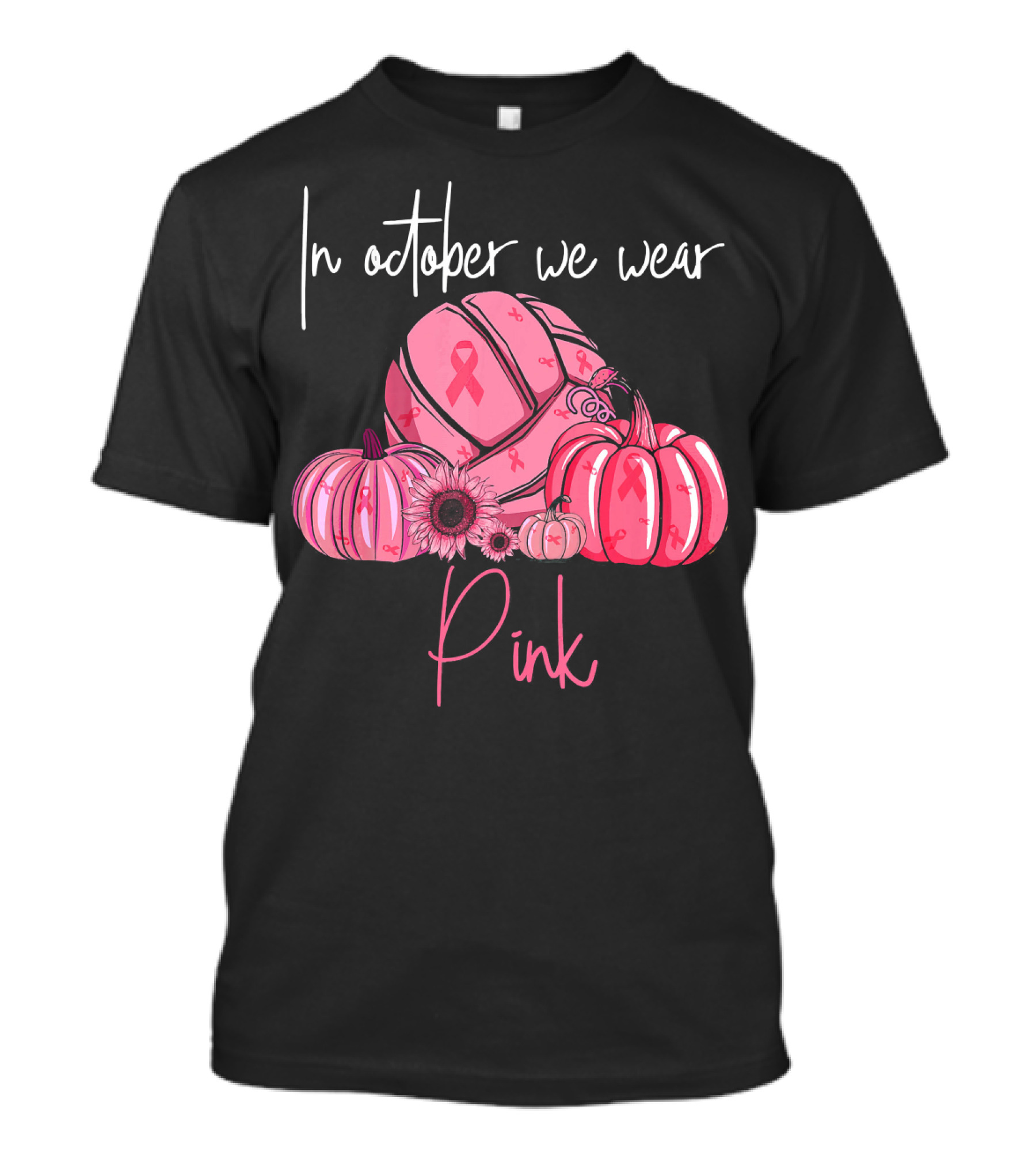 In October We Wear Pink Volleyball Pumpkins With Ribbons T-Shirt