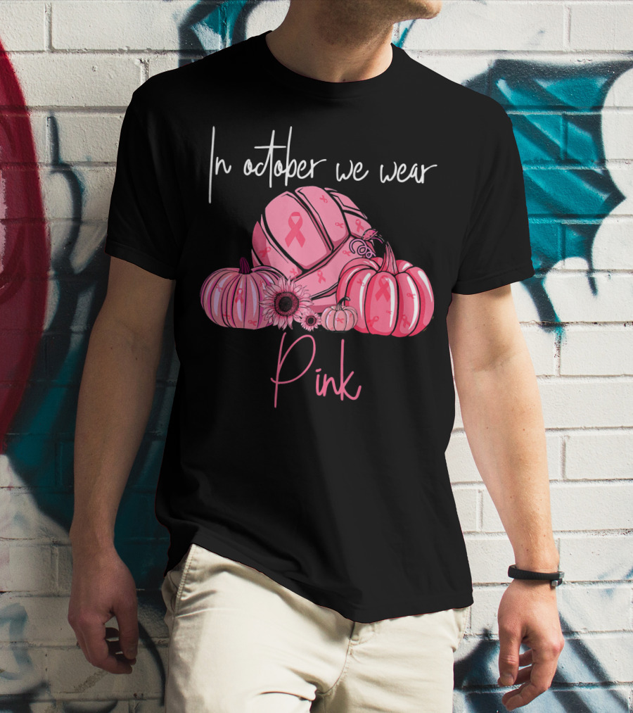 In October We Wear Pink Volleyball Pumpkins With Ribbons T-Shirt
