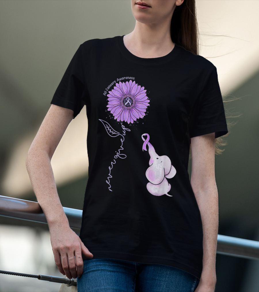 Never Giving Up All Cancers Awareness Sunflower Elephant T-Shirt
