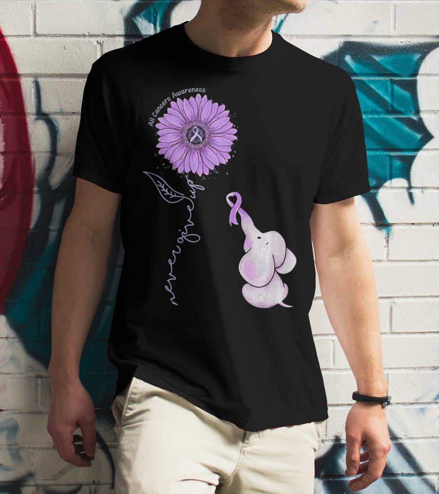 Never Giving Up All Cancers Awareness Sunflower Elephant T-Shirt